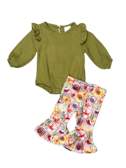 Sydney So Sweet Baby Boutique Olive For Florals Poppy Watercolor Bell Bottom Baby Girls Outfit