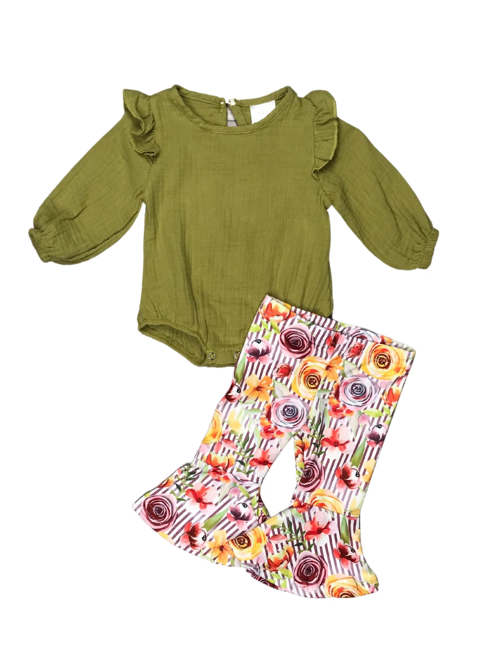 Sydney So Sweet Baby Boutique Olive For Florals Poppy Watercolor Bell Bottom Baby Girls Outfit 2 Sydney So Sweet Baby Boutique Olive For Florals Poppy Watercolor Bell Bottom Baby Girls Outfit