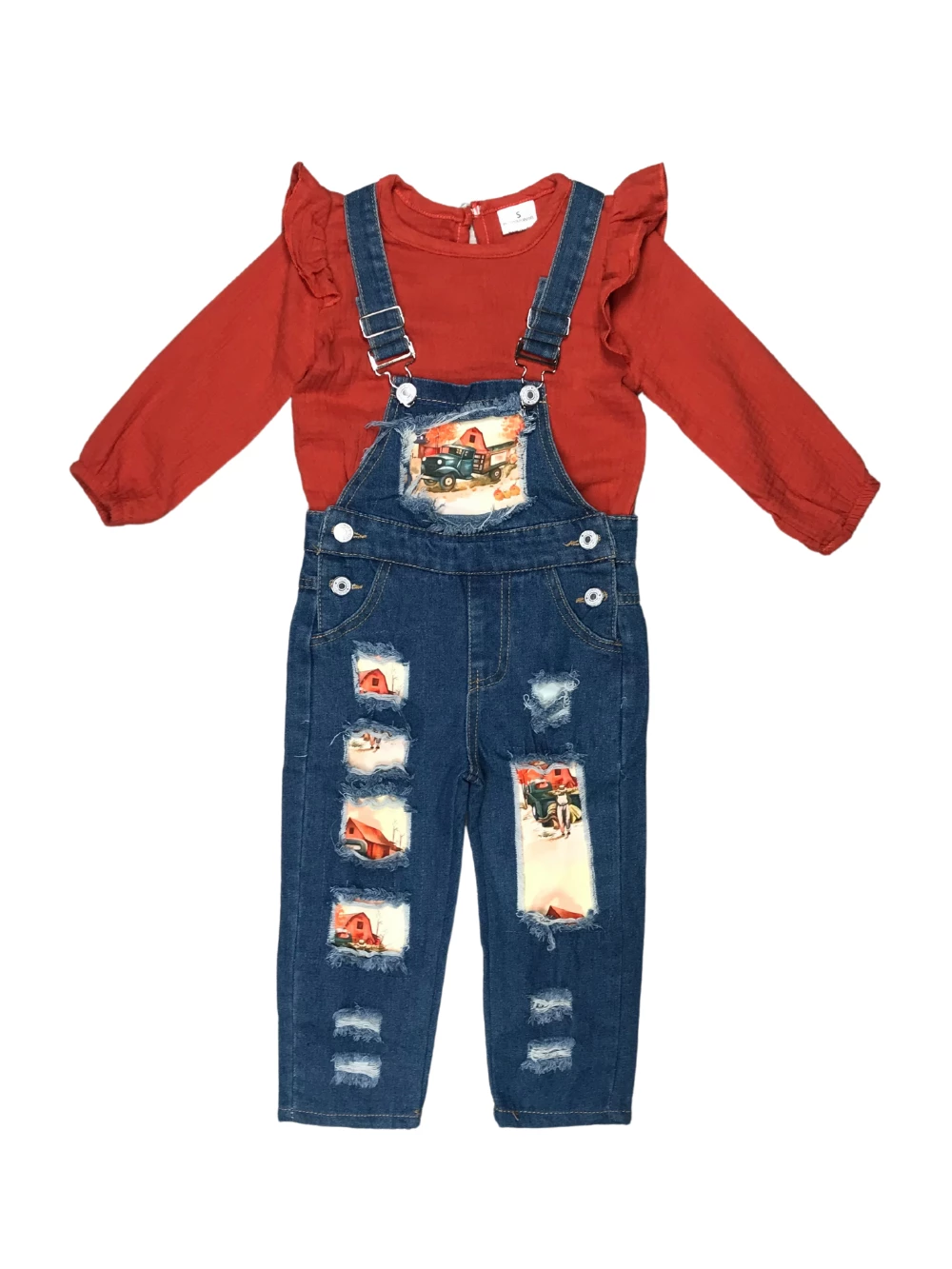 Sydney So Sweet Vintage Fall Farm Burnt Orange Muslin Denim Patch Girls Overalls Set 2 Sydney So Sweet Vintage Fall Farm Burnt Orange Muslin Denim Patch Girls Overalls Set