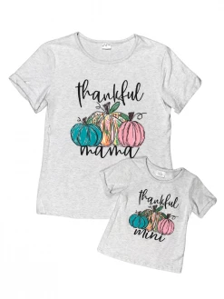 Sydney So Sweet Mom & Me Matching Mommy And Me - Colorful Pumpkin Thankful Mama Mini Gray Matching T-Shirt