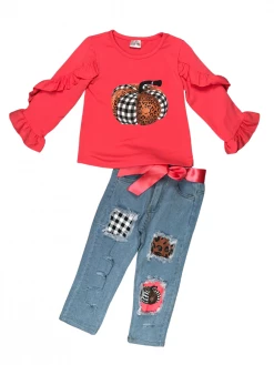 Sydney So Sweet Rosey Pink Country Ruffle Pumpkin Plaid Girls Denim Outfit