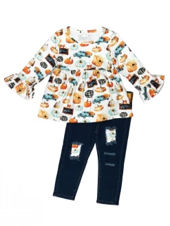 Sydney So Sweet Pumpkin Farm Market Bell Sleeve Girls Denim Jeans Outfit