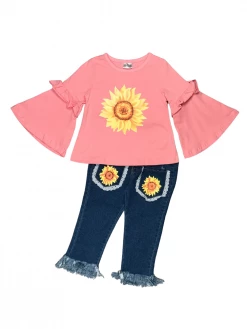 Sydney So Sweet Hippie Pink Sunflower Bell Sleeve & Lace Fringe Denim Girls Outfit