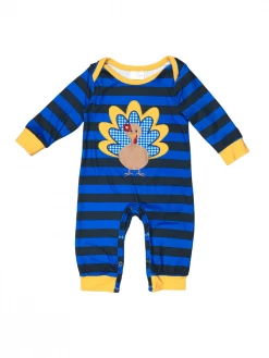 Sydney So Sweet Bold Stripe Blue & Yellow Thanksgiving Turkey Baby Boy Romper Baby Boutique