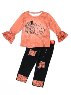 Sydney So Sweet Crazy Cheetah Pumpkin Orange Acid Wash Denim Patch Girls Fall Outfit