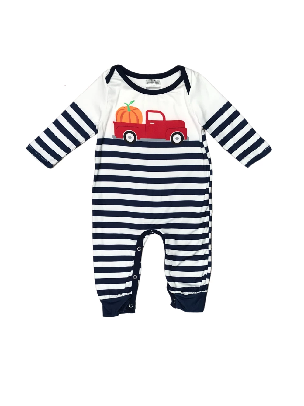 Sydney So Sweet Bit Of Country Pumpkin Truck Long Sleeve Blue Striped Romper 2 Sydney So Sweet Bit Of Country Pumpkin Truck Long Sleeve Blue Striped Romper