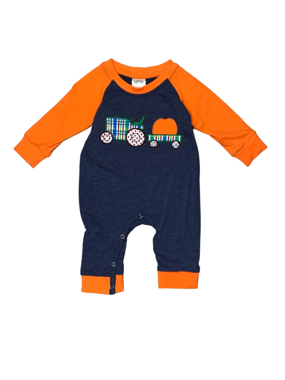 Sydney So Sweet Baby Boutique Tractor Pull Pumpkin Orange & Blue Long Sleeve Baby Romper 2 Sydney So Sweet Baby Boutique Tractor Pull Pumpkin Orange & Blue Long Sleeve Baby Romper