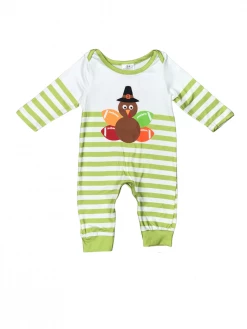 Sydney So Sweet Baby Boutique Game Day Green Stripe Turkey Football Baby Boys Thanksgiving Romper