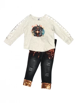 Sydney So Sweet Western Serape Cactus Pumpkin Lace Sequin Denim Girls Fall Outfit