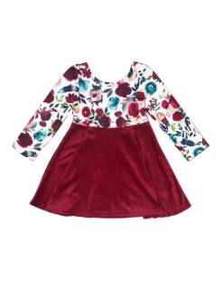 Sydney So Sweet Burgundy Rose Floral Velvet Long Sleeve Girls Skater Dress 5 Sydney So Sweet Burgundy Rose Floral Velvet Long Sleeve Girls Skater Dress