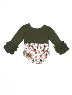 Sydney So Sweet Baby Boutique Olive Nutcracker Peppermint Ruffle Sleeve Girls Christmas Baby Romper