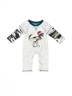 Sydney So Sweet Dino Christmas Lights Camo Raglan Boys Christmas Baby Romper