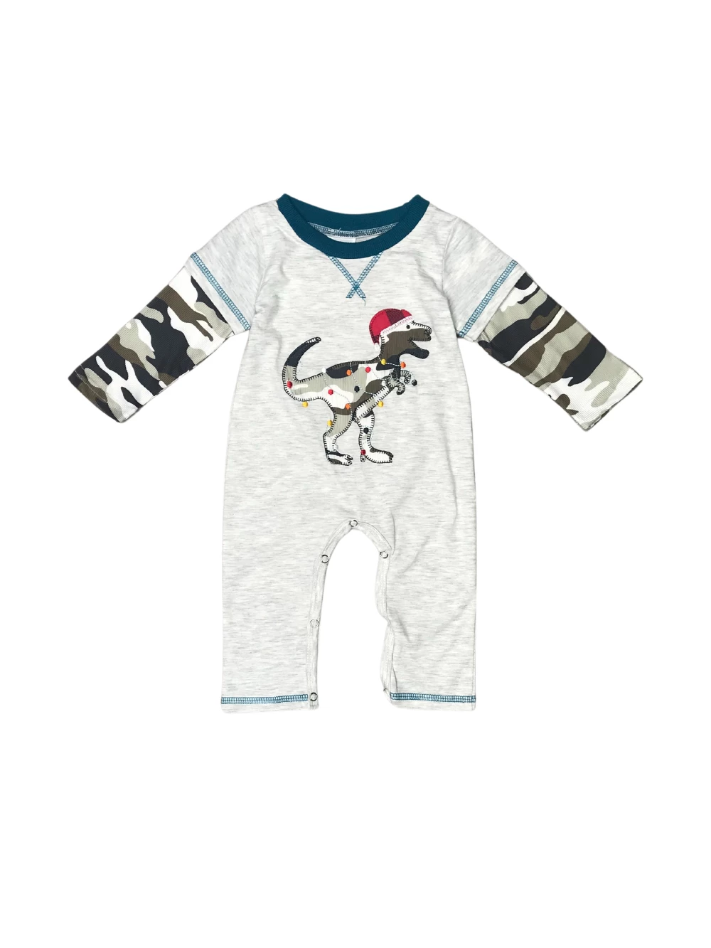 Sydney So Sweet Dino Christmas Lights Camo Raglan Boys Christmas Baby Romper 2 Sydney So Sweet Dino Christmas Lights Camo Raglan Boys Christmas Baby Romper