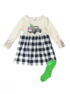Sydney So Sweet Christmas Tree Farm Buffalo Plaid Ruffle Girls Christmas Dress Set