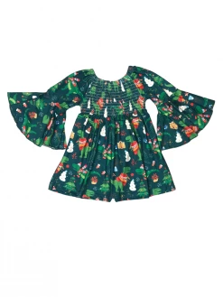 Sydney So Sweet Merry Dino Christmas Smocked Flare Girls Baby Doll Dress Or Top