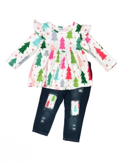 Sydney So Sweet 2 Piece Pants Outfits Oh Christmas Tree Pink & Green Denim Patch Girls Outfit