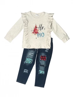 Sydney So Sweet Snowy Ho Ho Ho Buffalo Plaid Denim Patch Girls Christmas Outfit