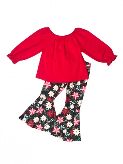 Sydney So Sweet 2 Piece Pants Outfits Pretty Poinsettia Red Bell Bottom Girls Christmas Outfit