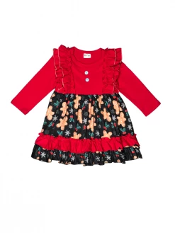 Sydney So Sweet Dresses & Skirt Sets Baking Spirits Bright Gingerbread Red Ruffle Girls Christmas Dress