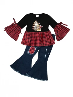 Sydney So Sweet Joy To The World Plaid Glitter Distressed Denim Bells Girls Outfit
