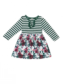 Sydney So Sweet Dresses & Skirt Sets Holiday Holly Emerald Green Floral Stripe Girls Christmas Dress