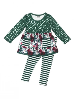 Sydney So Sweet Holiday Holly Emerald Green Floral Stripe Girls Christmas Outfit