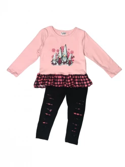 Sydney So Sweet 2 Piece Pants Outfits Welcome Gnome Pink Buffalo Plaid Distressed Leggings Girls Outfit