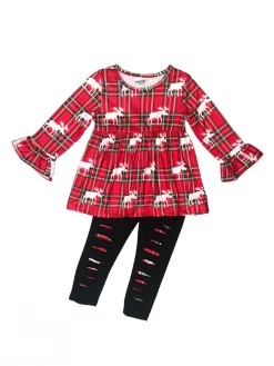 Sydney So Sweet Moose Winter Tartan Plaid Distressed Leggings Girls Outfit 2 Piece Pants Outfits