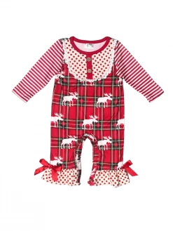 Sydney So Sweet Moose Winter Tartan Plaid Polka Stripe Girls Baby Romper Baby Boutique
