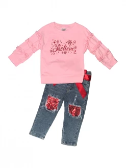 Sydney So Sweet Believe Glitter Red Snowflake Pink Denim Girls Christmas Outfit