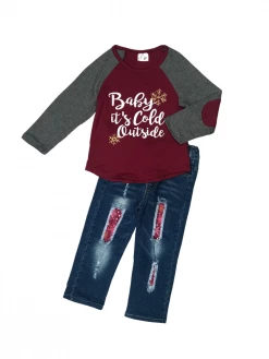 Sydney So Sweet Baby It's Cold Outside Burgundy Sequin Denim Patch Girls Outfit