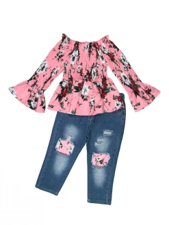 Sydney So Sweet Pretty Pink Floral Smocked Bell Sleeve Denim Jeans Girls Outfit