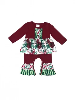 Sydney So Sweet Deep Burgundy Green Stripe Floral Ruffle Girls Baby Romper Baby Boutique