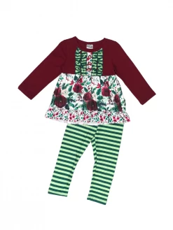Sydney So Sweet 2 Piece Pants Outfits Deep Burgundy Green Stripe Floral Ruffle Girls Outfit
