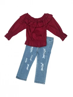 Sydney So Sweet Red Ruffle Distressed Denim Girls Outfit