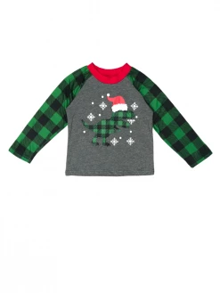 Sydney So Sweet Snowflake Christmas Dinosaur Buffalo Plaid Green Raglan T-Shirt T-Shirts & Tops