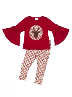 Sydney So Sweet Christmas Reindeer Red Tartan Plaid Distressed Leggings Girls Outfit