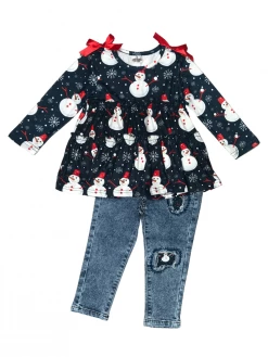 Sydney So Sweet Snow Very Cute Navy Snowman Denim Patch Girls Outfit