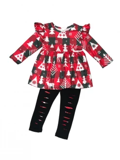 Sydney So Sweet Pine Tree Plaid Ruffle Distressed Leggings Girls Outfit