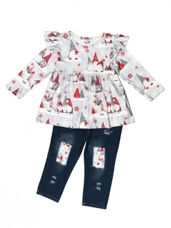 Sydney So Sweet Sled Riding Gnomes Gray & Red Denim Patch Girls Outfit