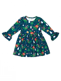 Sydney So Sweet Merry Dino Christmas Navy Blue Flare Girls Holiday Dress Dresses & Skirt Sets