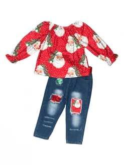 Sydney So Sweet Santa Snowflake Red Sequin Denim Patch Girls Christmas Outfit