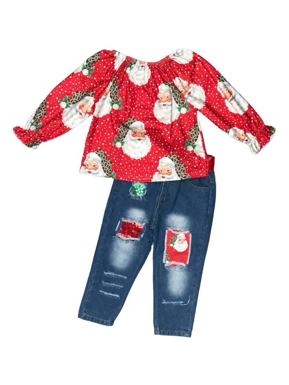 Sydney So Sweet Santa Snowflake Red Sequin Denim Patch Girls Christmas Outfit 2 Sydney So Sweet Santa Snowflake Red Sequin Denim Patch Girls Christmas Outfit