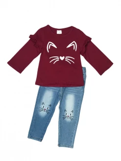 Sydney So Sweet Pawsitively Precious Cat Burgundy Denim Girls Outfit 3 Sydney So Sweet Pawsitively Precious Cat Burgundy Denim Girls Outfit