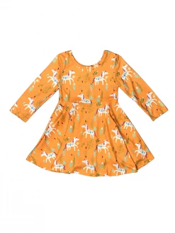 Sydney So Sweet Pretty Pony Floral Mustard Yellow Long Sleeve Girls Skater Dress