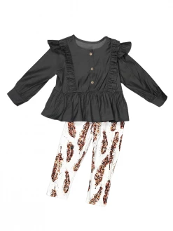 Sydney So Sweet 2 Piece Pants Outfits Wild Spirit Cheetah Feather Gray Ruffle Button Girls Outfit