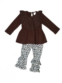 Sydney So Sweet 2 Piece Pants Outfits Brown Cheetah Eyelet Lace Ruffle Leggings Girls Outfit