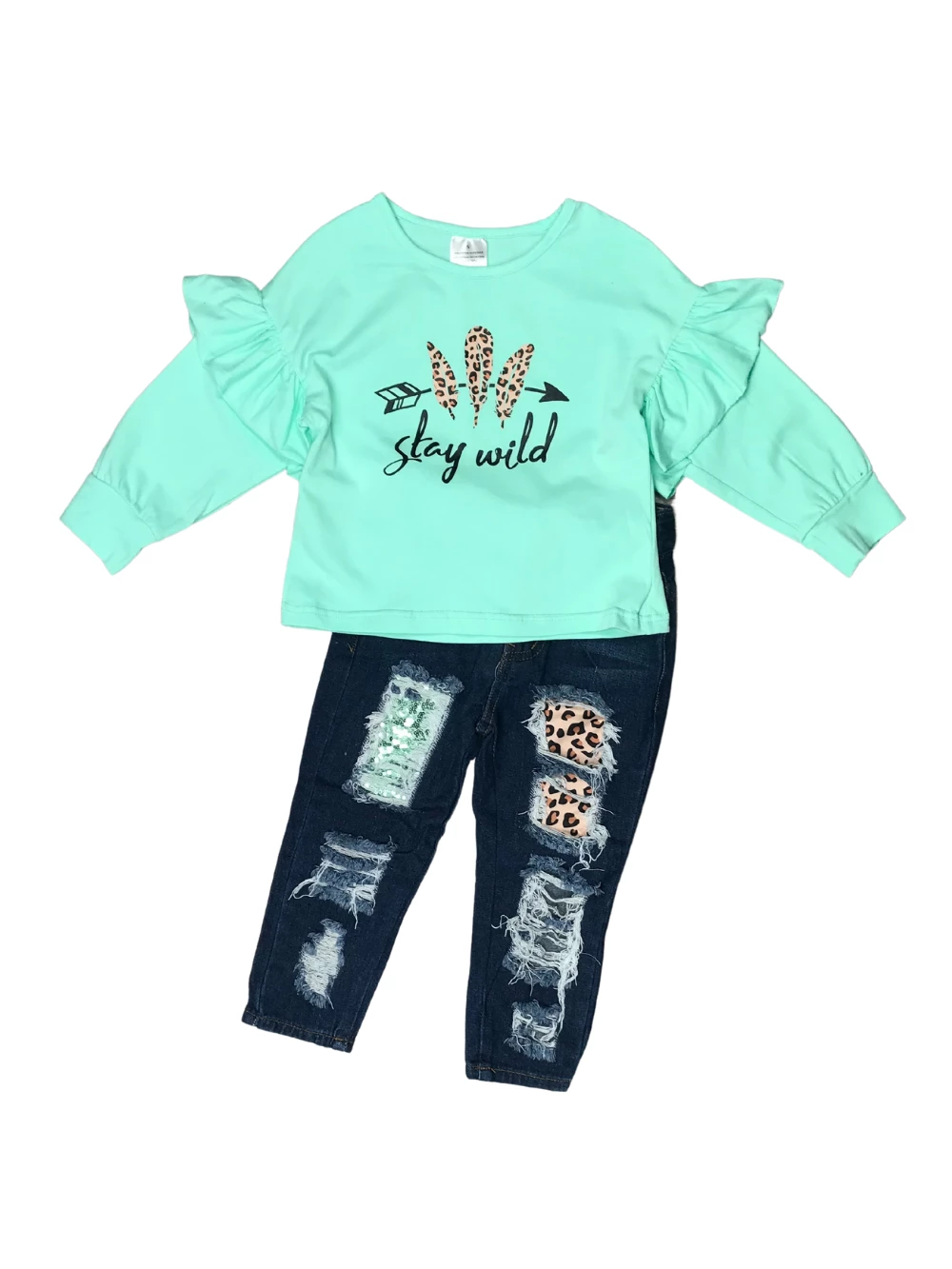 Sydney So Sweet Stay Wild Sequin Cheetah Mint Ruffle Denim Patch Girls Outfit 2 Sydney So Sweet Stay Wild Sequin Cheetah Mint Ruffle Denim Patch Girls Outfit