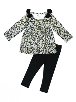 Sydney So Sweet Leopard Love Gray & Black Bow Girls Leggings Outfit 2 Piece Pants Outfits