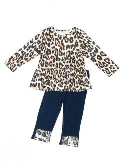 Sydney So Sweet Charming Cheetah Babydoll Top Denim Cuffed Girls Outfit